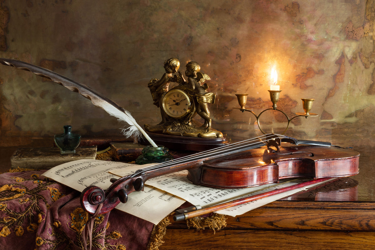 aluminium-print-still-life-with-violin-and-clock