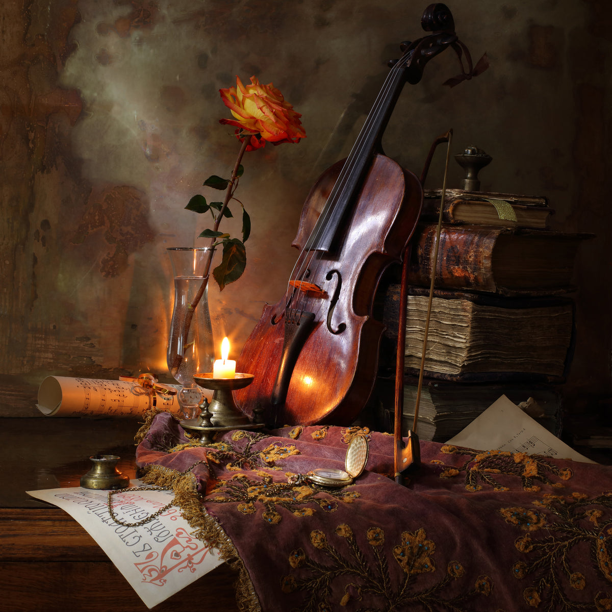 aluminium-print-still-life-with-violin-and-rose